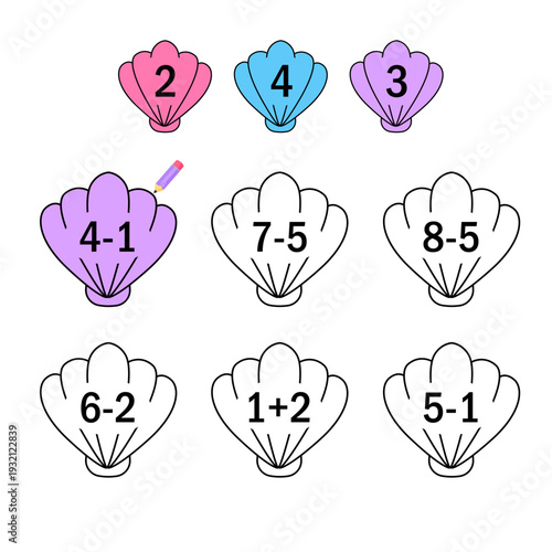 Counting educational children game. Calculate the mathematical examples
 and color the shell in the correct color. Math kids activity sheet.