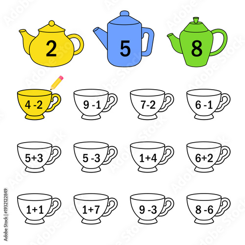 Counting educational children game. Calculate the mathematical examples
 and color the cups in the correct color. Math kids activity sheet.