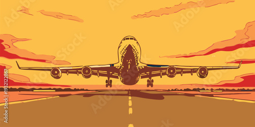 Stylized illustration of a jet airplane preparing for takeoff against a warm sunset sky