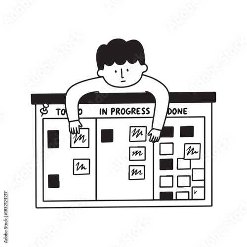 Minimalist black and white vector illustration of a woman organizing tasks on a kanban board with sticky notes for project management concept
