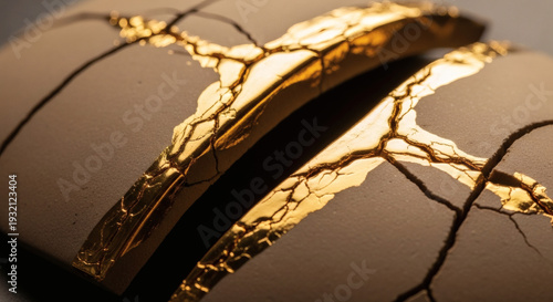 Golden Kintsugi Repair on Cracked Ceramic Surface
