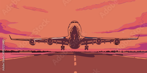 Stylized graphic illustration of a commercial airplane landing on a runway during a vibrant orange sunset
