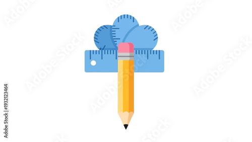 Pencil with Ruler and Cloud Illustration.