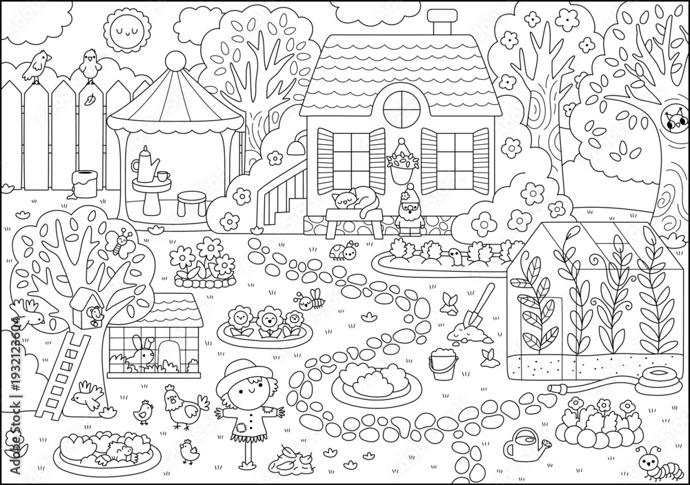 Fototapeta premium Vector empty black and white garden landscape. Country house line detailed scene with greenhouse. Cute spring nature background, coloring page with birds, birdhouse, scarecrow