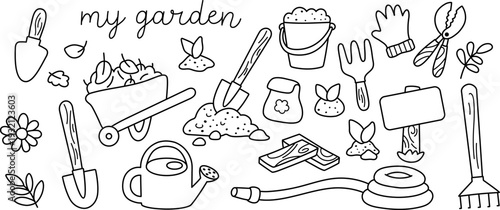 Vector black and white set of garden tools, equipment and baby plants. Line collection of gardening facilities. Spring illustration or coloring page of spade, rakes, glove, pruning shears
