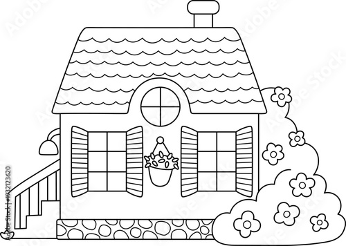 Vector black and white country house with porch, blooming bushes icon isolated on white background. Farm or village wooden cottage line illustration, coloring page. Cute garden home