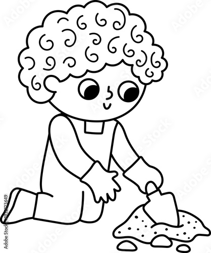 Vector black and white boy digging the ground with little spade. Cute kid gardener line clipart. Funny child doing gardening works, planting seed. Nature illustration, coloring page with children
