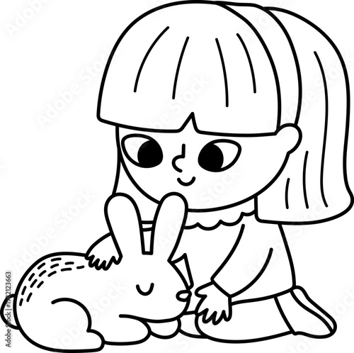 Vector black and white girl stroking the rabbit. Cute kid gardener clipart. Funny child with pet. Nature line illustrations, coloring page with children. Spring or summer country icon