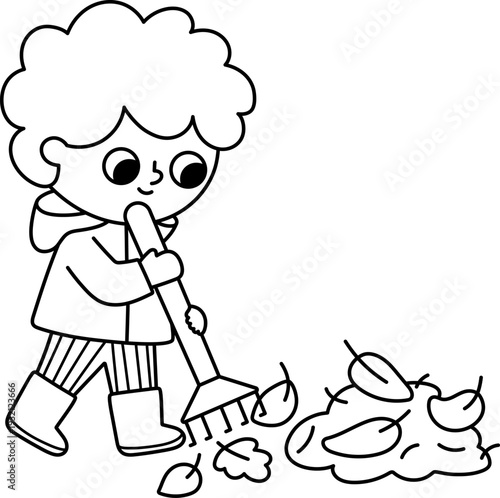 Vector black and white boy cleaning garden with rakes. Cute kid gardener line clipart. Funny child doing gardening works, raking the leaves. Nature illustration, coloring page with children