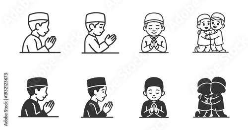 Muslim Boy Praying and Hugging Friend. Eid Islamic Black and White Vector Icon Set.