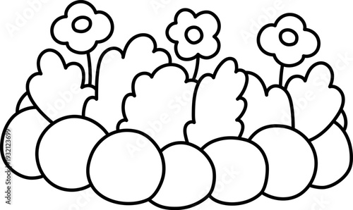 Vector black and white flower bed. Garden blooming plant with stone railing. Line florals clipart. Baby greenery with leaves isolated on white background. Spring illustration, coloring page