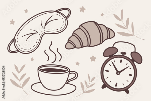 Morning routine featuring tea, croissants, and a clock symbolizing time management.