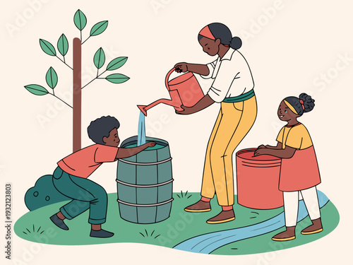 Family enjoying outdoor activities with eco-friendly practices and recycling