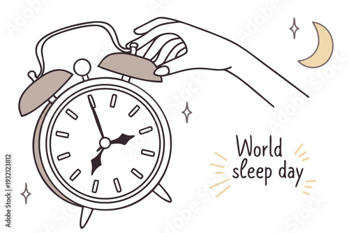 A whimsical clock celebrating world sleep day with a sleeping moon and stars.