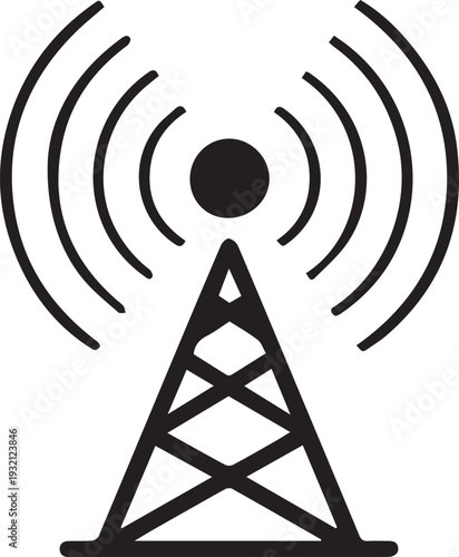 A stylized radio tower transmitting radiating waves symbolizes broadcast and communication on a white background.