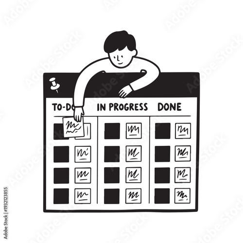 Minimalist black and white vector illustration of a woman organizing tasks on a kanban board with sticky notes for project management concept

