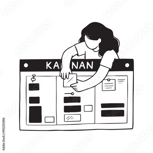Minimalist black and white vector illustration of a woman organizing tasks on a kanban board with sticky notes for project management concept
