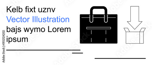 Business tools, file management, software downloads, ecommerce solutions, digital delivery, package handling. Black briefcase, downward arrow open box minimalist style. Business tools and file