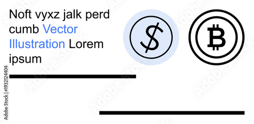 Finance, cryptocurrency, digital transactions, money exchange, blockchain, payment systems. Dollar and Bitcoin symbols within minimal design. Cryptocurrency and digital transactions concept