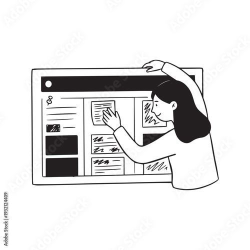 Minimalist black and white vector illustration of a woman organizing tasks on a kanban board with sticky notes for project management concept
