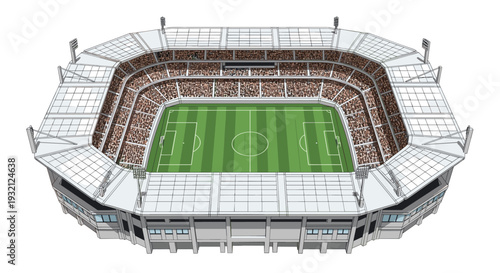 An aerial isometric view reveals a large octagonal football stadium with a vibrant green field and tiered stands full of spectators.