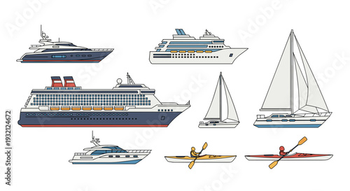 A pixel art style vector illustration showcases yachts, a cruise ship, sailboats, and kayaks with paddlers on a white background.