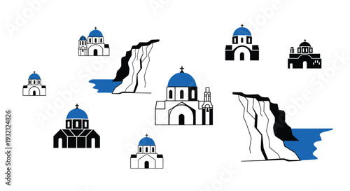 A vector illustration presents multiple blue-domed Greek churches in various styles alongside cliff formations and blue sea water on a white background.