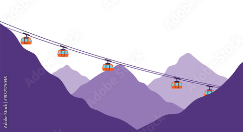 Five orange cable cars are depicted suspended on wires, moving across a landscape of undulating purple mountains against a clean white sky in a minimalist illustration.