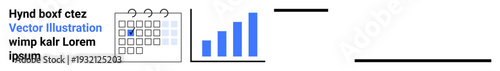 Business management, data analysis, planning, productivity, time management, financial growth. Calendar with highlighted date, bar graph and text placeholder. Planning and data analysis concepts