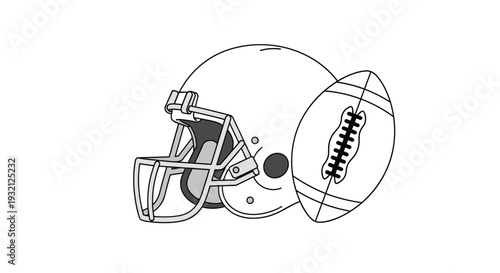 A black and white line art illustration features an American football helmet with a face mask next to a football on a pristine white background.