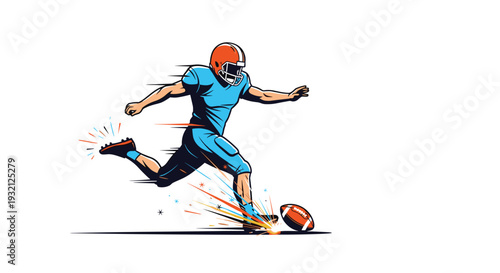 A male American football player in a blue uniform and orange helmet powerfully kicks a brown football, generating colorful sparks.