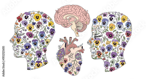 Two identical floral human head profiles flank a central anatomical brain and a flower-adorned heart, all presented on a clean white background.