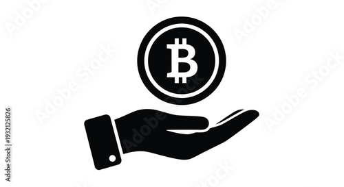 Simple black and white vector graphic illustration of an open human hand gently presenting or holding a large round Bitcoin cryptocurrency coin icon.