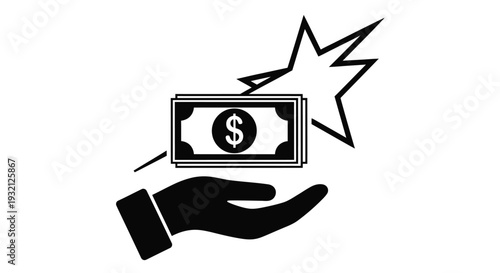 Financial gain illustration depicting a human hand holding a stack of United States dollar banknotes with a dynamic starburst graphic, symbolizing reward, bonus, or income.