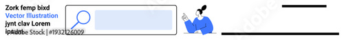 Search functionality, online browsing, user interaction, technology design, web interface, digital tools. Magnifying glass next to a user pointing at text box. Search functionality and online