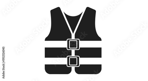 A black life jacket vector illustration with safety buckles and reflective straps on a white background, representing water safety equipment design graphic for aquatic activities.