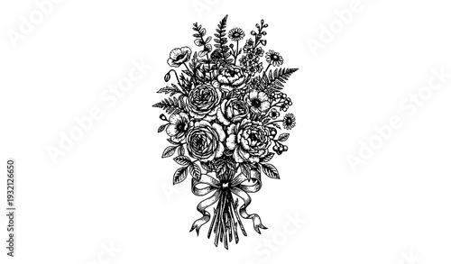 Vintage Hand Drawn Flower Bouquet Vector Illustration with Detailed Botanical Line Art