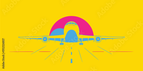 Stylized front facing airplane illustration on a bright yellow background with a pink sunset arc