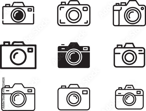 Set of camera icons, simple line art and solid black designs
