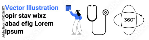 Healthcare innovation, technology integration, telehealth communication, data analysis, modern tools, 360-degree visualization. A person holding a tablet alongside a stethoscope and rotating arrows