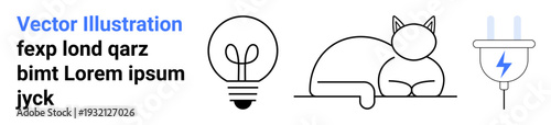Innovation, energy efficiency, relaxation, modern design, technology, creative concepts. Light bulb, relaxed cat and plug. Innovation and energy efficiency concepts illustrated clearly