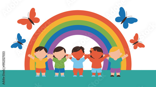Five diverse happy children stand with raised arms under a vibrant rainbow and flying butterflies