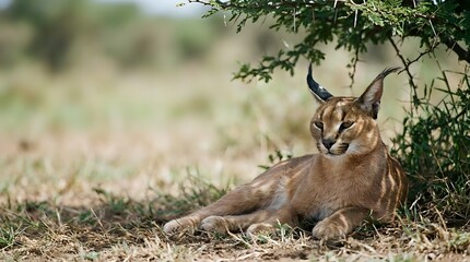 Wild caracal cat resting under acacia tree in natural African savanna habitat. Tufted ears and golden coat visible in wildlife photography composition.