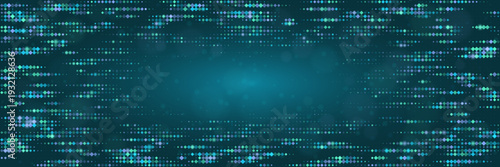 Quantum computing data stream background with glowing teal pixels and digital network visualization