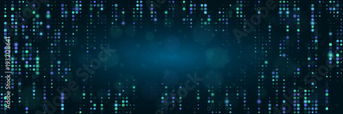 Quantum computing data stream visualization with glowing blue and green digital pixels on dark background