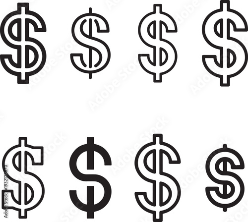 Black and white dollar sign icons representing currency, finance, and wealth.