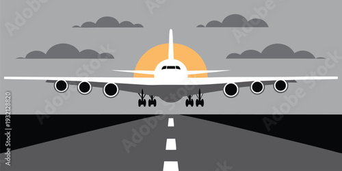 Flat design illustration of a commercial airplane on an airport runway against a beautiful sunset sky