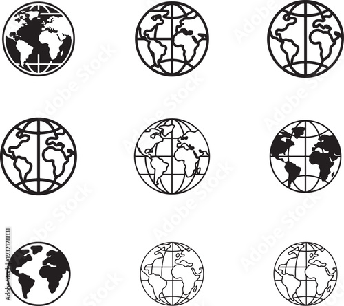 Set of black and white globe icons for global business, travel, and communication.