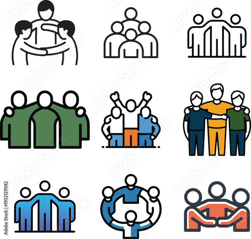 Diverse group of people teamwork and collaboration icons for community and support.