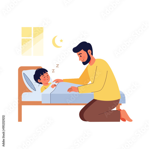 Father tucking son into bed at night with moon shining through window